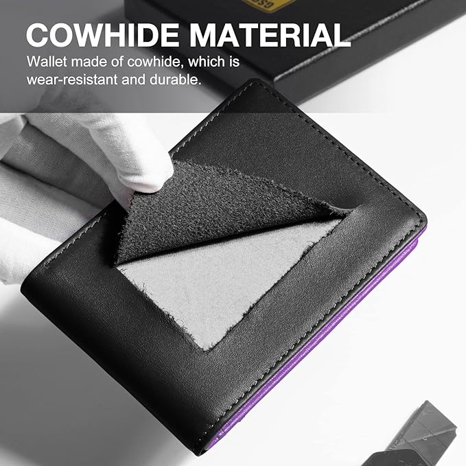 GSOIAX Mens Slim Wallet for Men Minimalist Genuine Leather Carbon Fiber Rfid Blocking Bifold Credit Card Holder With Gift Box (Black and Purple)