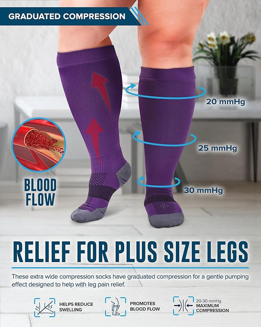 Doctor's Select 3 Pairs Plus Size Compression Socks Wide Calf - Up to 6XL | 20-30 mmHg Compression Socks for Women Wide Calf Pink, Purple, Blue
