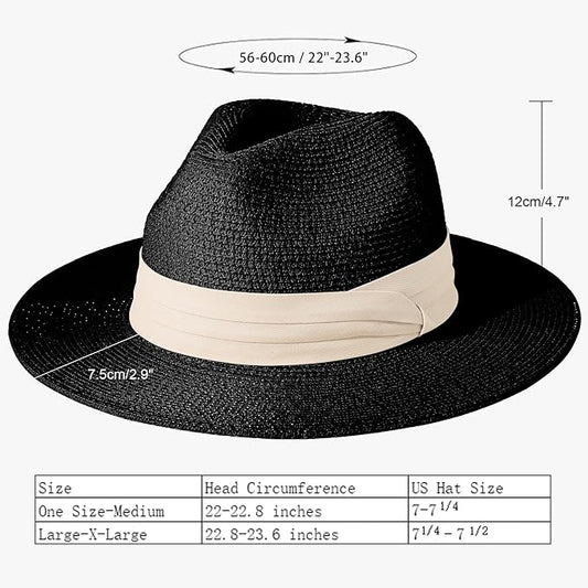 Lanzom Women Wide Brim Straw Panama Roll up Hat Fedora Beach Sun Hat UPF50+