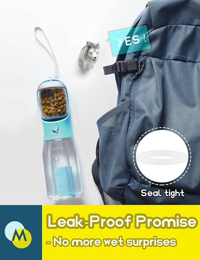 Portable Water Bottle for Small Dogs, 3 in 1 Pet Travel Bowl Dispenser with Food Treat Container & Poop Bag Holder, Summer Walking Hiking Accessories for Puppy On The Go - Blue, 10oz