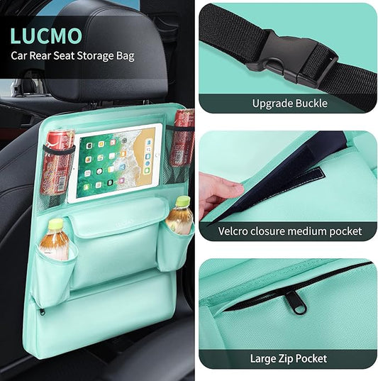 LUCMO Car Backseat Organizer with Touch Screen Tablet Holder,9 Storage Pockets Car Storage Organizer,Protectors Kick Mats Travel Accessories for Kids-Light Blue