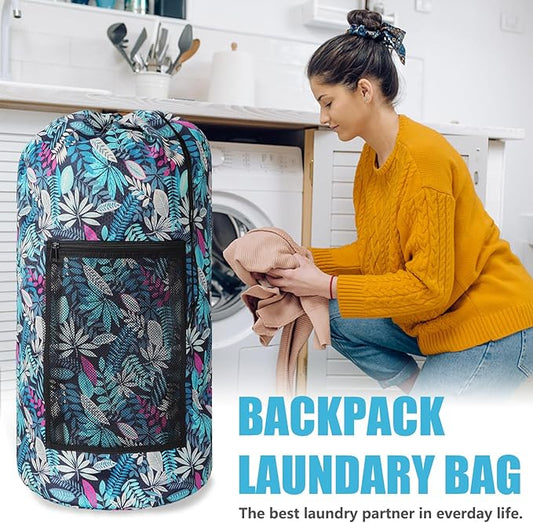 Portable with Adjustable Shoulder Straps Travel Dirty Laundry Bag,with Drawstring Closure & Mesh Pocket Backpack Laundry Bag for College,Apartment,Camping(Green Leaf)