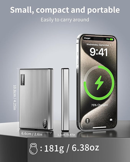 Portable Charger Power Bank, 10000mAh Wireless Charger Phone with USB C to 20 W PD Fast Charging Cable, Mag-Safes Battery Pack Magnetic Charger for Phone 17/16/15/14/13/12 Pro/Pro Max/Plus Pad