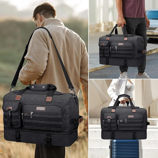 WITZMAN Duffle Bag for Men 50L Canvas Weekender Overnight Bag with Toiletry Bag Sets Travel Duffel Bag Shoes Compartment(A8010-2 Classic Black)