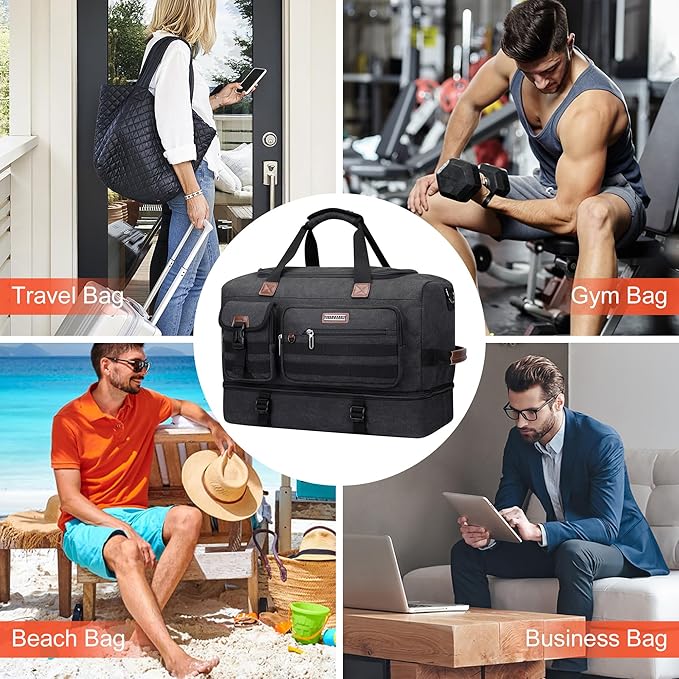 WITZMAN Duffle Bag for Men 50L Canvas Weekender Overnight Bag with Toiletry Bag Sets Travel Duffel Bag Shoes Compartment(A8010-2 Classic Black)