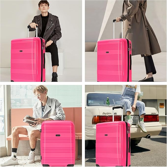 GinzaTravel 25 Inch Hardside Checked Luggage Large Lightweight Suitcase with Spinner Wheels TSA Lock, Checked-Medium 25-Inch, Dark Pink