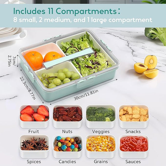 Snackle Box Container for Adults, 11 in 1 Divided Serving Tray Snack Box Containers with Stackable Compartment and Handle, Customizable Charcuterie Boxes Portable Snack Platter for Party Travel, Green