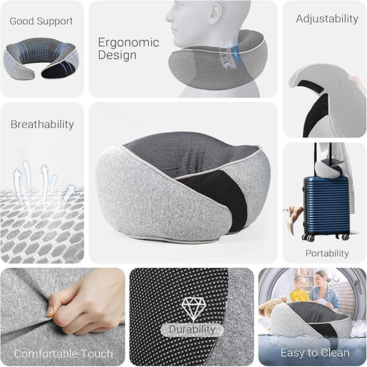 Cozi Neck Pillow for Traveling,Adjustable Travel Neck Pillow Airplane 100% Pure Memory Foam Travel Pillow with Inflatable Travel Pillows for Sleeping Long Flight Portable Plane Accessories Light Gray