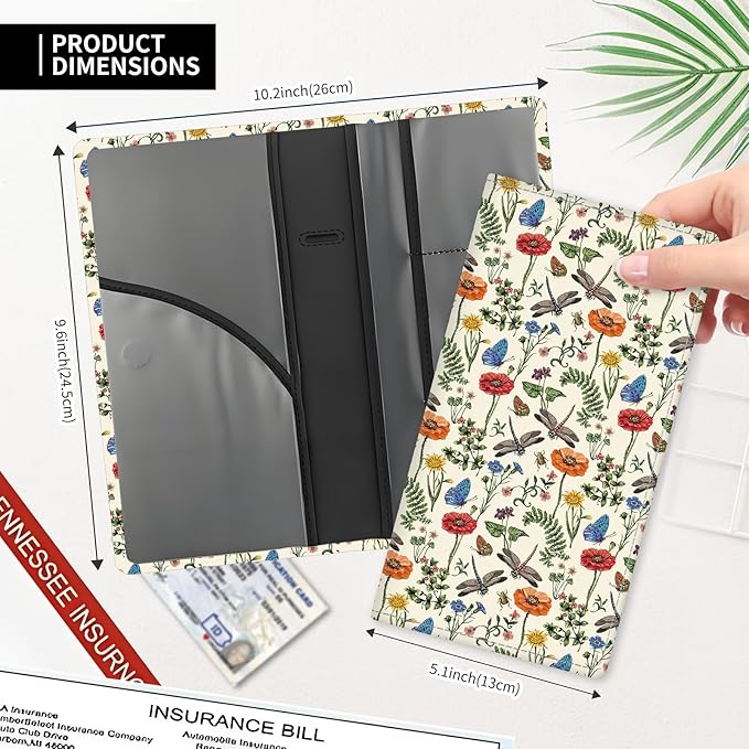 Leather Car Registration and Insurance Card Holder, Cute Car Accessories Vehicle Glove Box Car Organizer for Documents, Cards, License Cute Dragonfly Flowers