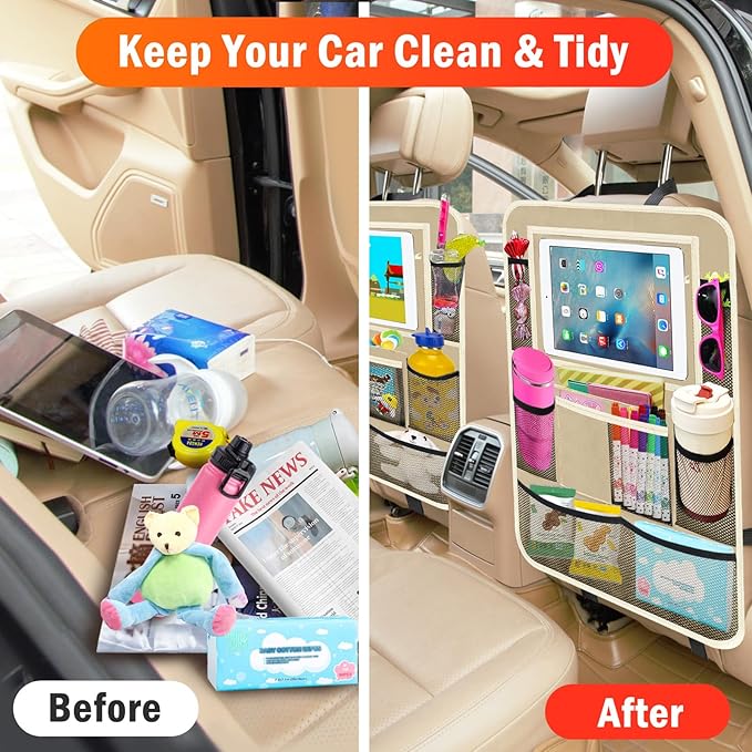 Car Backseat Organizer ,2 Pack Car Organizer Back Seat with 11" Tablet Holder, 10 Storage Pockets Seat Back Protectors Kick Mats for Kids Toddlers, Travel Accessories (Beige)