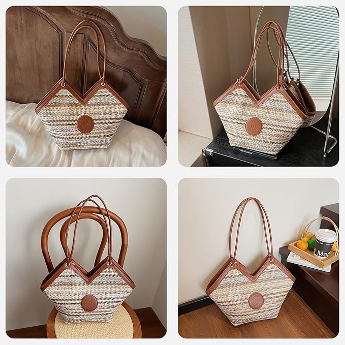 ZOCILOR Women's Straw Shoulder Tote Bag with PU Leather Trim, Large Woven Beach Handbag, Lightweight Casual Summer Purse