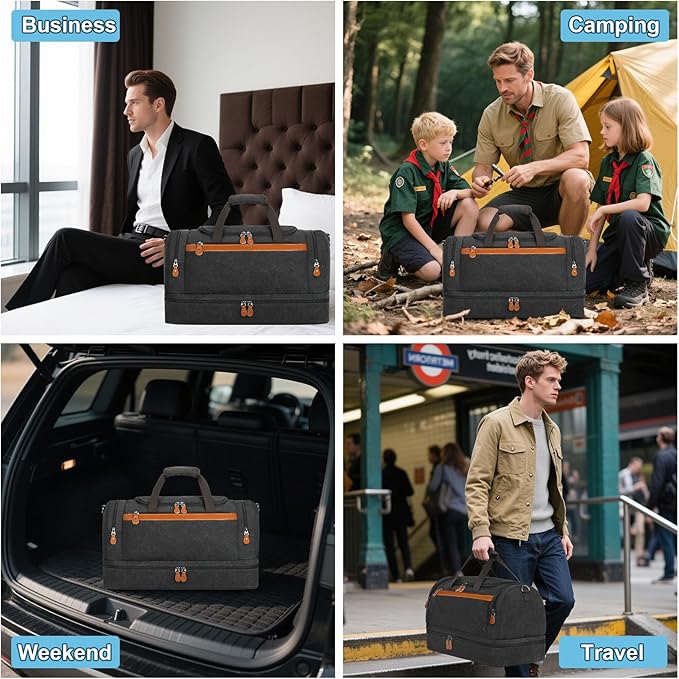 Canvas Travel Duffel Bag for Men - 21 Inch Expandable 47L Weekender Bags with Trolley Sleeve & Toiletry Bag, Overnight Carry On Luggage with Removable Shoulder Strap, Durable & Water-Resistant