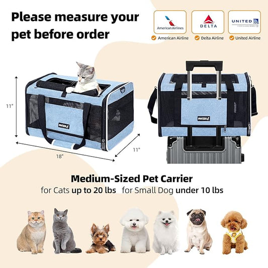 Cat Carrier Soft-Sided 18x11x11 Inch Travel Bag for Medium Cats Over 15lbs, Small Dog Carrier Crate Top Entry Breathable Mesh Puppy 12 Pounds, Pet Rabbit Carrying Cage Kennel Collapsible Blue