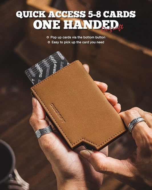 DUGRAFT Bifold Pop Up Wallet for Men, Slim Leather Credit Card Holder with Zipper Minimalist Women Magnetic Cash Coins Pocket Wallets RFID Blocking(Light Brown)
