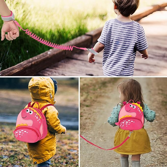 Accmor Toddler Backpack Harness with Safety Leash, Cute Dinosaur Harnesses with Kids Anti Lost Wrist Link, Mini Child Schoolbag with Wristband Tether Strap and Protection Leashes for Baby Girls (Pink)