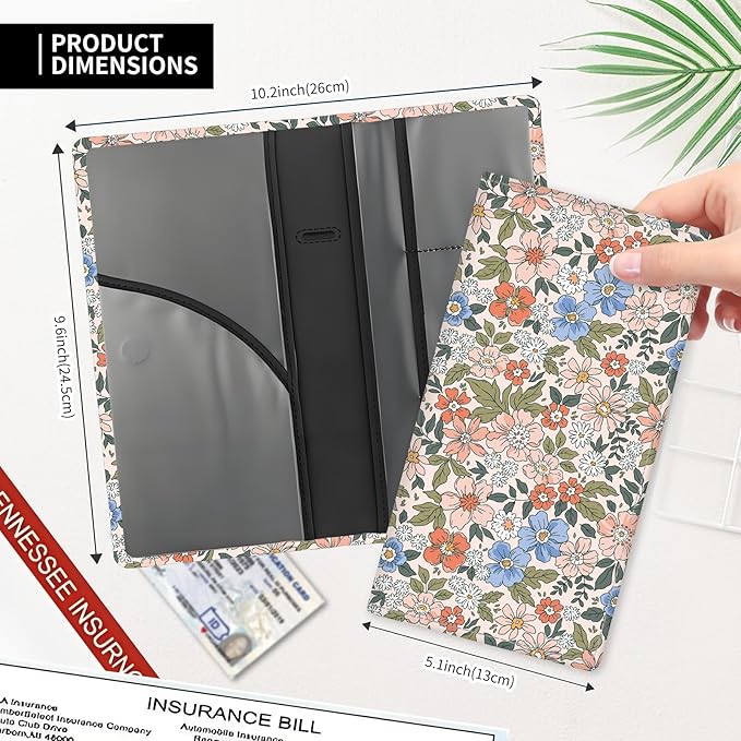 Leather Car Registration and Insurance Card Holder, Cute Car Accessories Vehicle Glove Box Car Organizer for Documents, Cards, License Vintage Colorful Floral