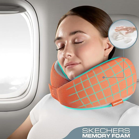 Skechers Women's Memory Foam Neck Pillow, Comfortable & Breathable Travel Pillow, Neck Pillow Airplane for Travel, Car Rides, Home, and Office Use, Ergonomic Design for Men and Women,Orange