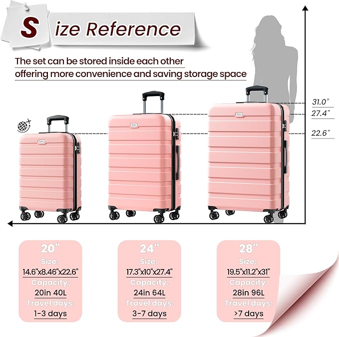 AnyZip Luggage Sets 10 Piece Hardshell Suitcase Set PC ABS Lightweight Travel Suitcases with 4 Double Spinner Wheels TSA Lock 20 24 28 Inch with 7 Storage Bags Pink