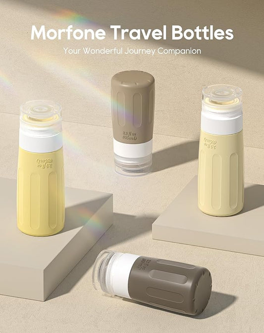 Morfone 16 Pack Silicone Travel Bottles Set for Toiletries TSA Approved Travel Containers Leakproof Squeezable Refillable Accessories 2oz 3oz for Shampoo Conditioner Lotion Liquids (Brown Yellow)