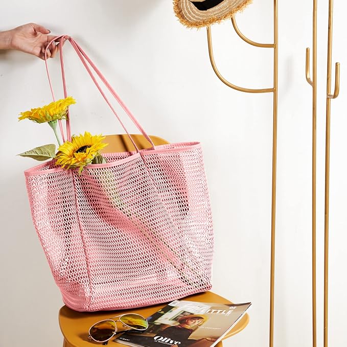 KALIDI BeachNylon Mesh Tote Bag, Casual Tote Bag Hobo Women Foldable MAX 23L Shoulder Bag For Beach Picnic Vacation