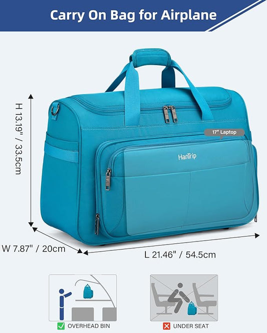 HanTrip Carry on Duffel Bag Foldable Duffle Bags for Travel, Large Personal Item Bags for Airplanes, Weekender Overnight Mens Travel Tote Bag for Women Softside Carry on Luggage (Caribbean Blue)