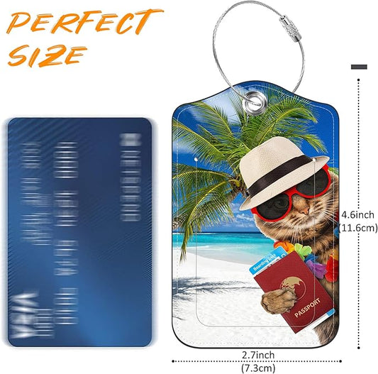 2 Pack Luggage Tag for Suitcase Funny Cat Passport Leather Travel Cruise Luggage Tag with Stainless Steel Loop Name ID Label Privacy Cover for Adults Teens Travel Bag Labels Set