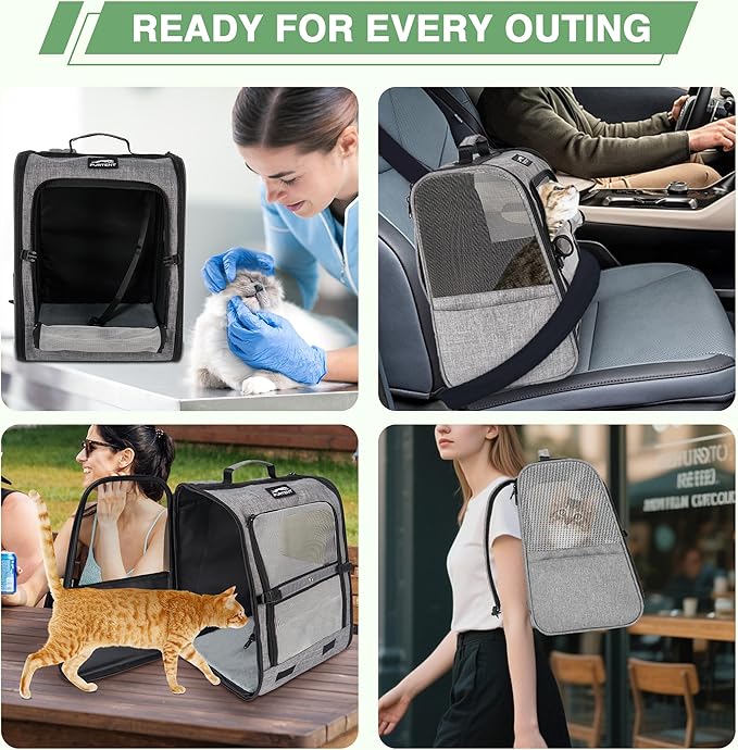 Pet Backpack Carrier for Small Dogs and Cats, Comfortable Portable Cat Bag for Travel Use with Ventilated Mesh, Safety Strap, and Easy-Clean Waterproof Fabric, Grey