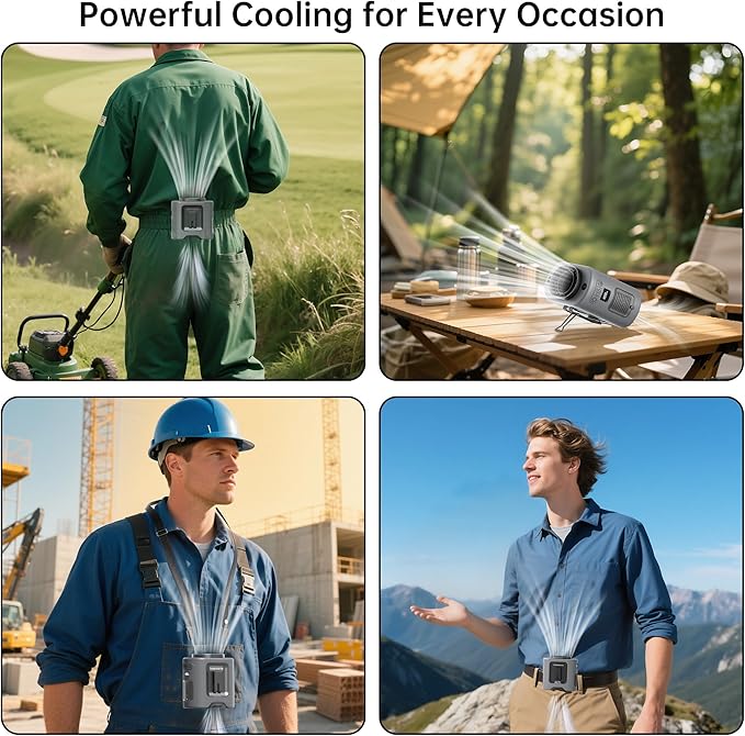 PANERGY Portable Waist Fan, 67H Runtime Wearable Fan with 4+1 Speeds, Storm Mode, 14500mAh Rechargeable Belt Fan with Dual Clip, Flashlight for Outdoor Jobsite(Grey)