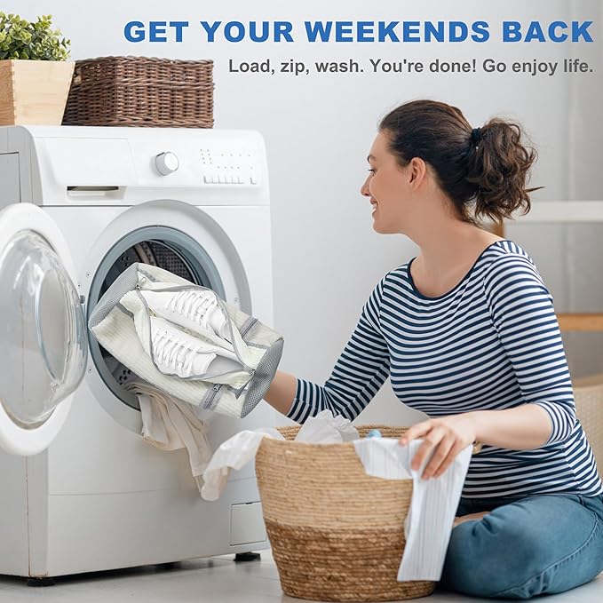 Shoe Washing Machine Bag, 2PCS Reusable Shoe Bag for Washing Machine, 360° Deep Cleaning Shoe Washing Bag for Sneakers, Laundry Shoe Bag for Washer & Dryer, Fits All Shoe Types (Off WHITE)
