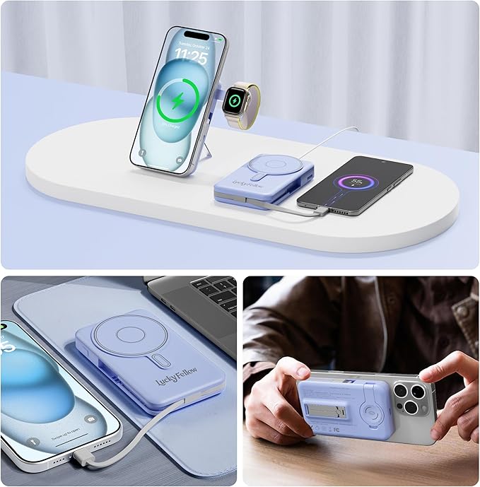 Magnetic Portable Charger Built-in Cables,10000mAh Fast Charging Wireless Charger Station External Battery Pack Slim Pocket Size Power Bank with Stand Compatible with iWatch, iPhone and Android Phones