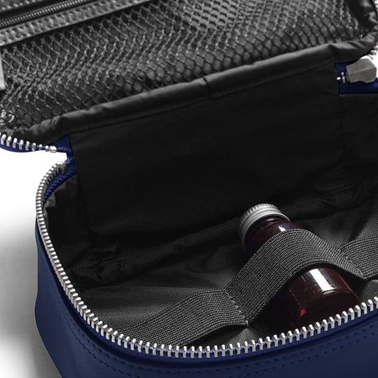 Leatherology Navy Blue Small Travel Organizer โ Full-Grain Leather Tech & Toiletry Case with Zipped Mesh Pocket, Elastic Loops & Water-Resistant Lining