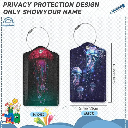 2 Pack Luggage Tag for Suitcase, Abstract Neon Jellyfish Leather Bag Tags Identifiers Privacy Cover ID Label with Durable Steel Loop for Women Men Kids Girls Travel