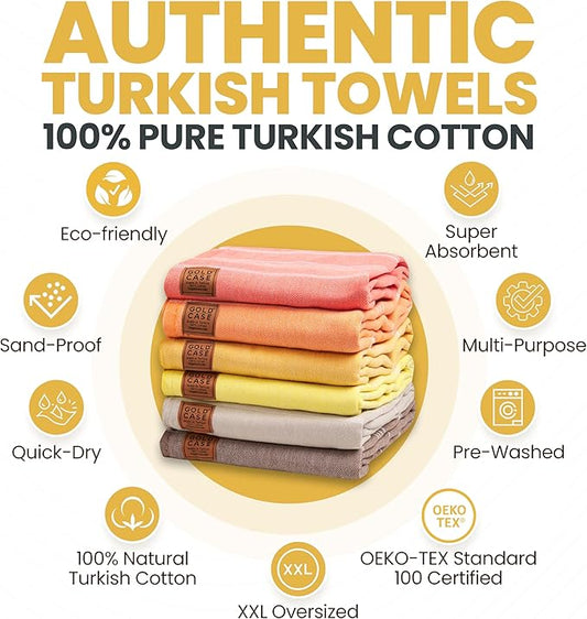 Gold CASE LYCIA Turkish Beach Towel Set of 6 โ 100% Cotton Turkish Beach Towels Bulk 70 x 38'' โ LYCIA Oversized, Quick Dry & Sand Free Beach Towel โ Lightweight Towels Set in Tones of Yellow