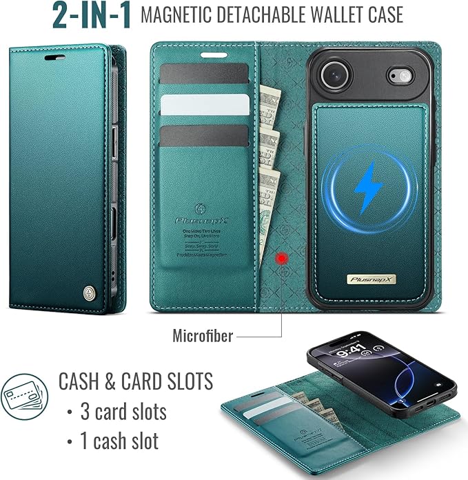 PlusnapX Wallet Case for iPhone Air Compatible with Magsafe, 2-in-1 PU Leather Flip RFID Blocking Card Holder Stand ShockAirof Magnetic Detachable Cover for iPhone 17 Air Case 6.5", Bluegreen