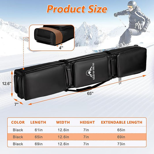 Wheeled Ski Bag for Air Travel - Extendable 155-185CM Waterproof Padded Rolling Snowboard Bag for Double Skis, Boots, Helmet & Ski Gear