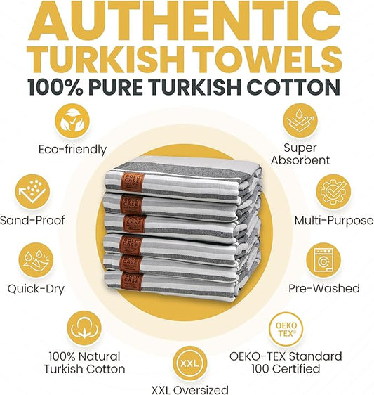 Gold CASE Turkish Beach Towel Set of 6 โ 100% Cotton Large Turkish Bath Towels 70 x 38'' โ OLYMPOS Oversized, Quick Dry & Sand Free Beach Towel โ Lightweight Towels Set - Black