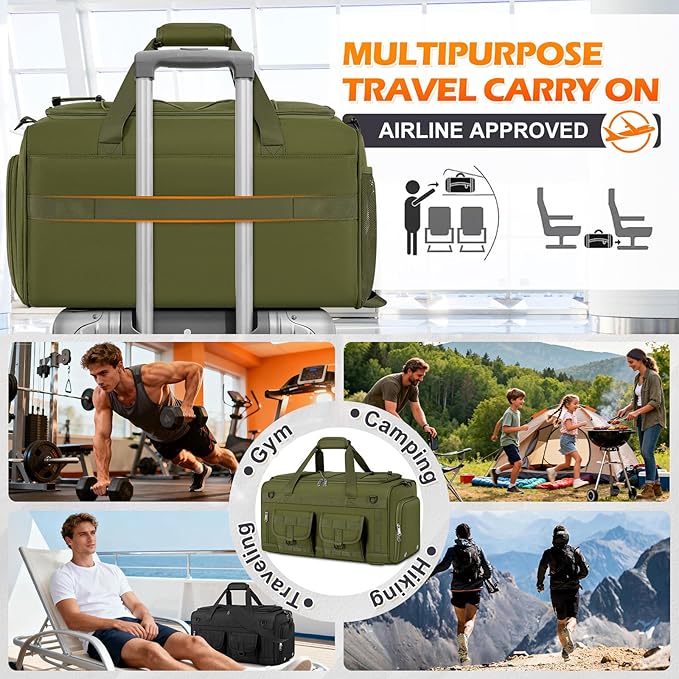 RAINSMORE Gym Bag for Men, 45L Sports Duffel Bag with Shoe Compartment Gym Backpack Carry On Weekender Bag Overnight Backpack Carry On,Green