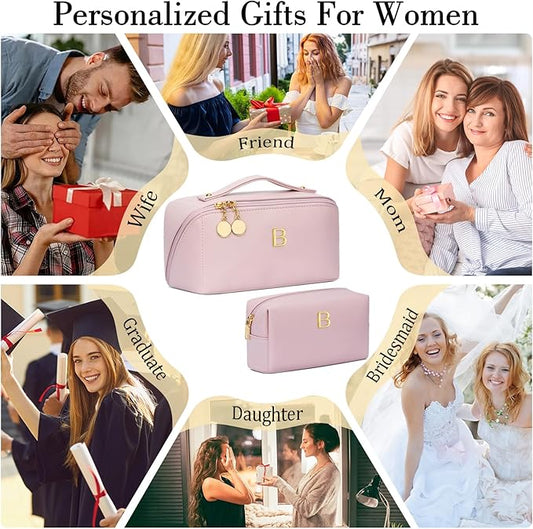 Birthday Gifts for Women Teen Girl, Personalized Initial Makeup Organizer Bag Set, Open Flat Travel Cosmetic Bag With Clear Divider and Handle(Pink,B)