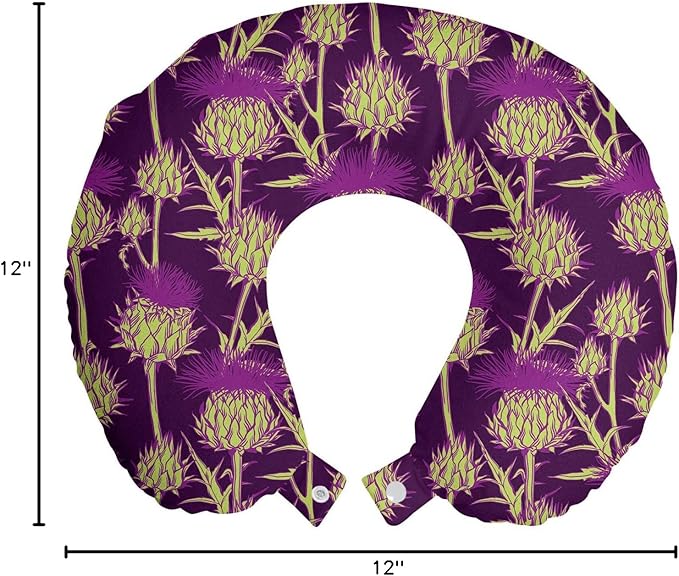 Ambesonne Thistle Travel Pillow Neck Rest, Graphic Background with Vibrant Colored Scottish Thistles Pattern, Memory Foam Traveling Accessory for Airplane and Car, 12", Yellow Green and Purple