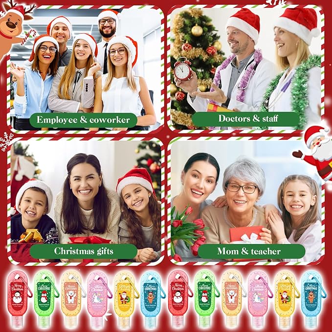 24 Packs Christmas Hand Sanitizers Keychains Gifts Mini Hand Sanitizer Bulk 1oz Travel Size Sanitizer Keychains Gifts Set Christmas Party Favors Treat Goodie Bags Stuffers