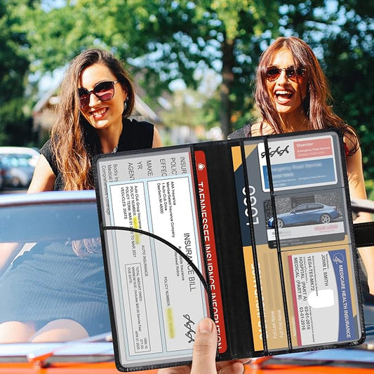 DMLuna Car Registration and Insurance Holder, Leather Vehicle Card Document Glove Box Organizer, Auto Truck Compartment Accessories for Essential Information, Driver License Cards - Black