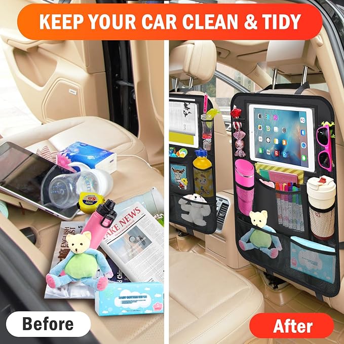Car Backseat Organizer ,2 Pack Car Organizer Back Seat with 11" Tablet Holder, 10 Storage Pockets Seat Back Protectors Kick Mats for Kids Toddlers, Travel Accessories (Black)
