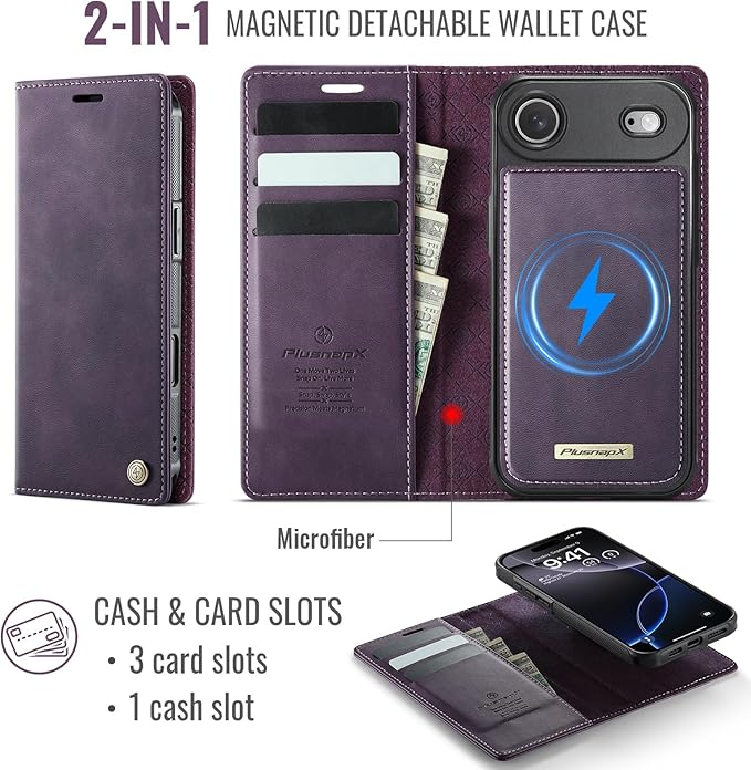 PlusnapX Wallet Case for iPhone Air Compatible with Magsafe, 2-in-1 PU Leather Flip RFID Blocking Card Holder Stand ShockAirof Magnetic Detachable Cover for iPhone 17 Air Case 6.5", Retro Purple