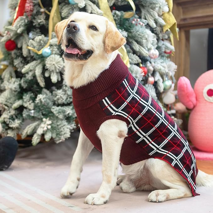 PUPTECK Dog Christmas Sweaters for Large Medium Small Dogs - Fall Classic Plaid Style Puppy Holiday Winter Coat Clothes Warm, Deep Red, M