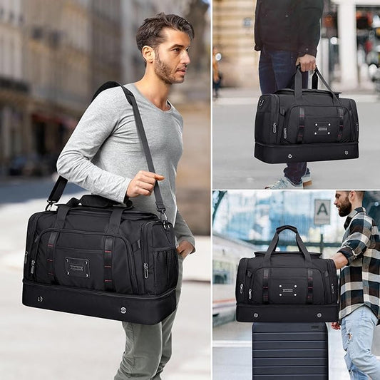 WITZMAN Travel Duffle Bag for Men 55L Large Carry-on Overnight Weekend Bags with Shoe Compartment Duffel Bag for Airplane(B720 Black)