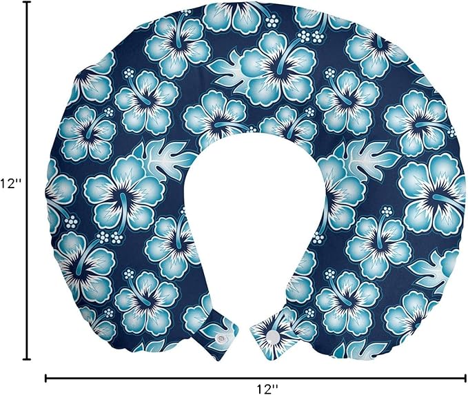Ambesonne Aloha Travel Pillow Neck Rest, Hibiscus Hawaiian Tropical Island Flowers Petals and Buds Leaves Art Print, Memory Foam Traveling Accessory for Airplane and Car, 12", Dark Blue Sky Blue