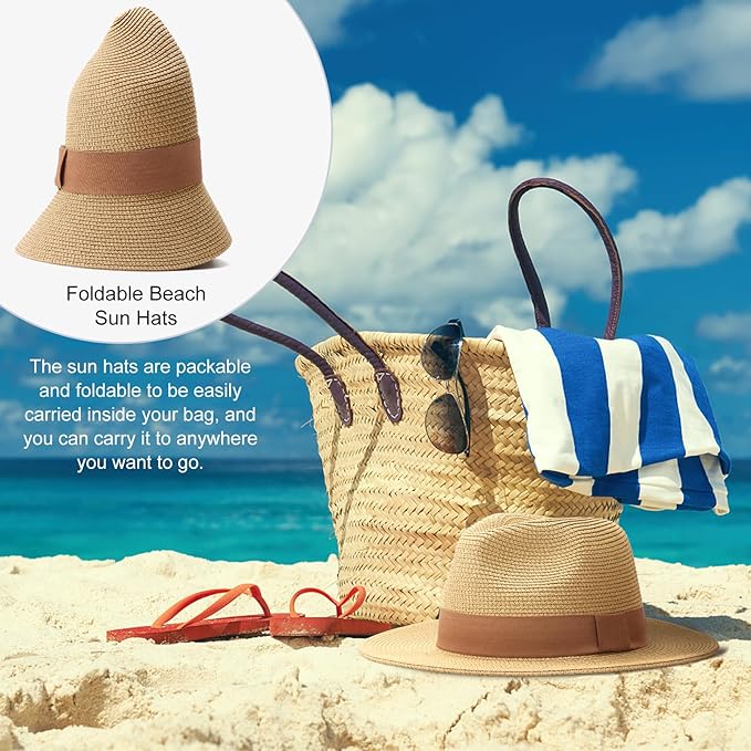 DRESHOW Women Straw Panama Hat Travel Fedora Beach Sun Hat Summer Wide Brim Straw Roll up Hat UPF 50+