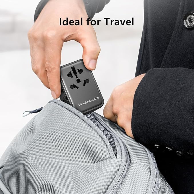 MOMAX 6-in-1 Universal Travel Adapter, GaN 70W International Power Adapter, 3 USB-C PD Fast Charging & 2 USB-A QC, 1 AC, All-in-one International Plug Adapter for Travel European UK AUS JP