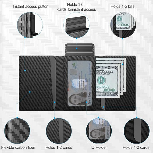 Mens Wallet Card Holder Pop up Card Case,Carbon Fiber Leather Slim Wallet,RFID Blocking 8-9 Card Capacity | ID Window | Cash Slot Minimalist Wallet for Men Black