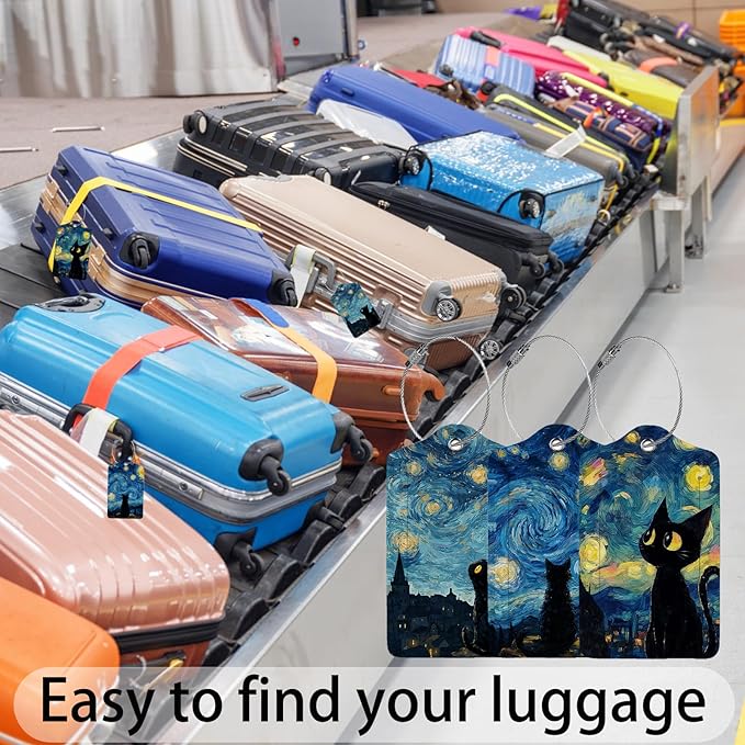 Black Cat Starry Night 3 Pack Luggage Tags for Suitcases, PU Leather Baggage Suitcases Tag Name ID Label Privacy Cover Travel Bag Tags for Women Men Boys Girls